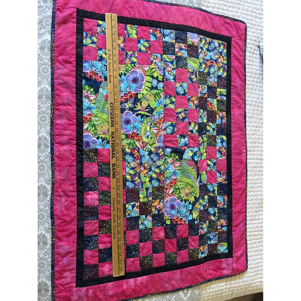 Handmade Tropical Parrot Butterfly Patchwork Quilt Wall Hanging Pink 36x28